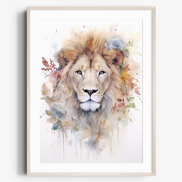 Other - Watercolor Lion With Flowers Portrait Wall Art Illustration Print Unframed